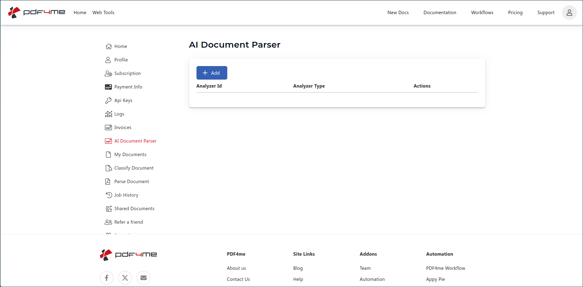 Visualização em lista do painel do analisador de documentos com IA do PDF4me, com o item "Analisador de documentos com IA" destacado em vermelho na barra lateral, um botão "Adicionar" azul na parte superior do painel principal e uma tabela vazia com os cabeçalhos de coluna "ID do Analisador", "Tipo de Analisador" e "Ações".